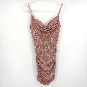 Hello Molly Replay Button Pink Sequin Cowl Neck Bodycon Mini Dress Size 6